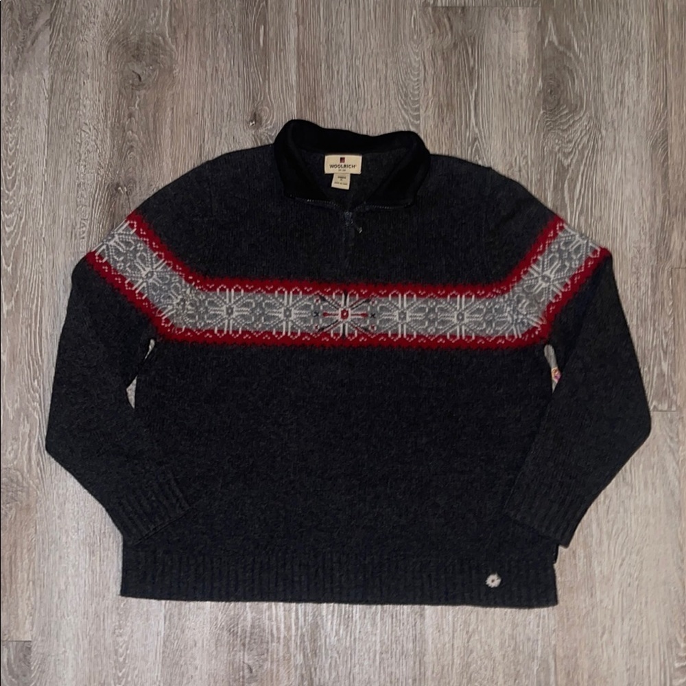 Woolrich 100 % lambs wool quarter zip pull over sweater gray red and white xl